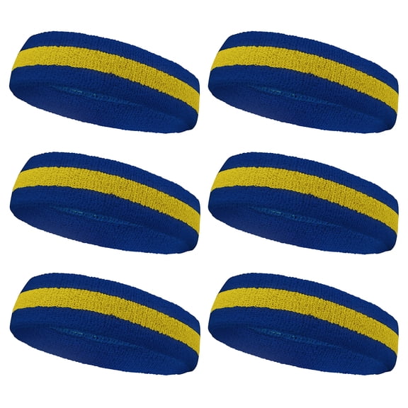 COUVER Sports Terry Cloth 2 Colors Stripes Head Sweatband, Blue/Yellow/Blue, 6PCS Pack