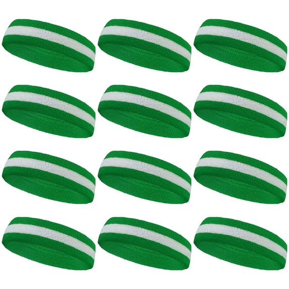 COUVER Sports White Striped Terry Cloth 2 Colors Head Sweatband, 12PCS Bulk Set, Bright Green/White/Bright Green