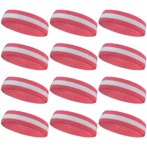COUVER Sports White Striped Terry Cloth 2 Colors Head Sweatband, 12PCS Bulk Set, Pink/White/Pink