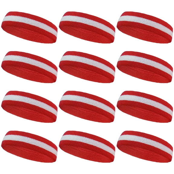 COUVER Sports White Striped Terry Cloth 2 Colors Head Sweatband, 12PCS Bulk Set, Red/White/Red