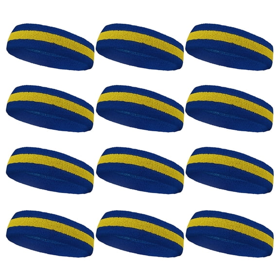 COUVER Stripe Sweat Headbands for Workout, Event, Party Favor, Regular, 12PCS Bulk Set, Blue/Yellow/Blue