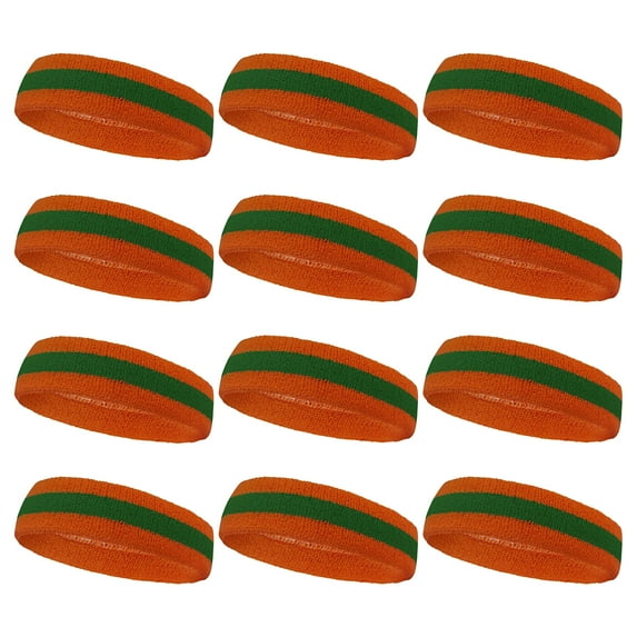 COUVER Stripe Sweat Headbands for Workout, Event, Party Favor, Regular, 12PCS Bulk Set, Dark Orange/Green/Dark Orange