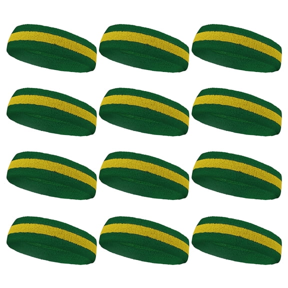 COUVER Stripe Sweat Headbands for Workout, Event, Party Favor, Regular, 12PCS Bulk Set, Green/Yellow/Green