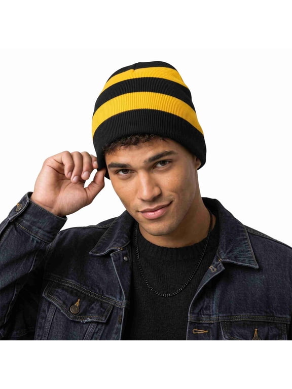 Unisex Knit Beanie Hat, No Pom-Pom, Black and Gold, 1 Pack