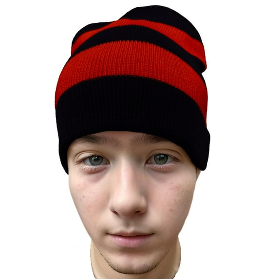 COUVER Striped Knit Warm Beanie with or without Pom Pom Winter Hats (Black / Red)