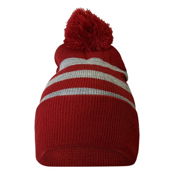 COUVER Striped Knit Warm Beanie with or without Pom Pom Winter Hats (Cardinal / Light Gray)