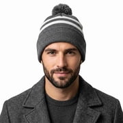 Unisex Knit Striped Beanie Hat with Pom-Pom, Dark Heather Gray and White, 1 Pack