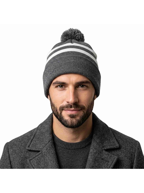 Unisex Knit Striped Beanie Hat with Pom-Pom, Dark Heather Gray and White, 1 Pack