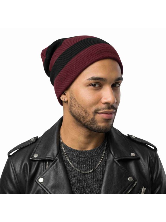 Unisex Knit Beanie Hat, No Pom-Pom, Maroon and Black, 1 Pack