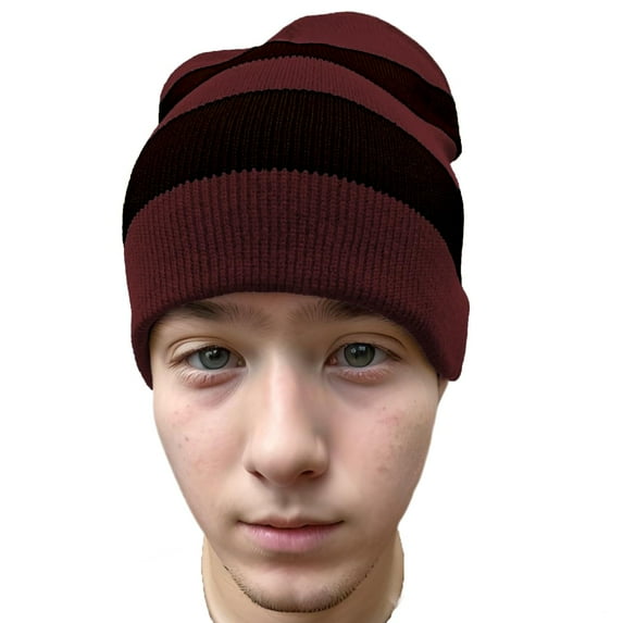 COUVER Striped Knit Warm Beanie with or without Pom Pom Winter Hats (Maroon/ Black)