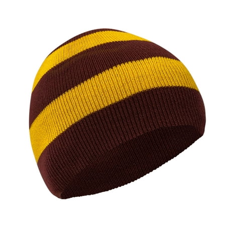 COUVER Striped Knit Warm Beanie with or without Pom Pom Winter Hats (Maroon/ Gold)