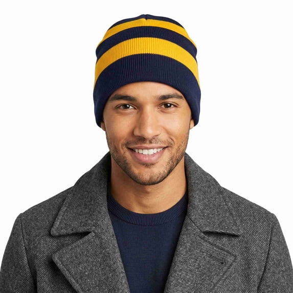 COUVER Unisex Knit Beanie Hat, No Pom-Pom, Navy and Golden Yellow, 1 Pack