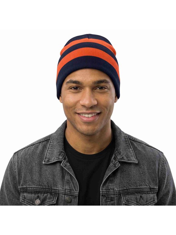 Unisex Knit Beanie Hat, No Pom-Pom, Navy and Orange, 1 Pack