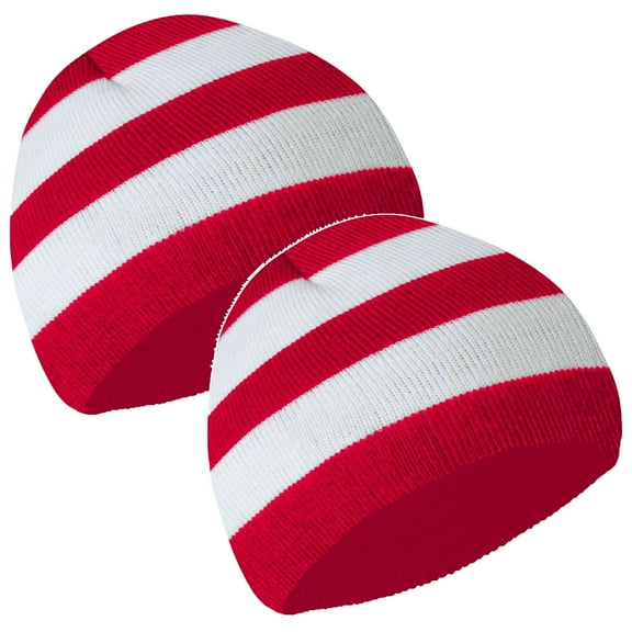 COUVER Striped Knit Warm Beanie with or without Pom Pom Winter Hats (Red/ White) x 2