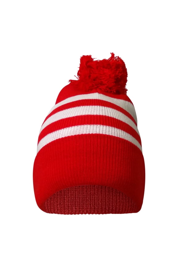 Striped Knit Warm Beanie with or without Pom Pom Winter Hats (Red / White)