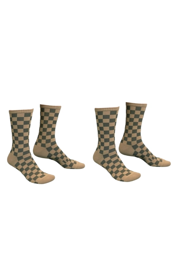 Taupe and Brown Cotton Checkered Mid Calf Crew Socks 2 Pack Women's