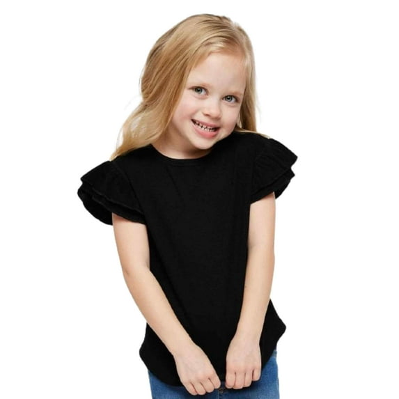 COUVER Toddler Little Girl's Soft Cotton Flutter Sleeve T-Shirt, Black, 2T, 1 Piece