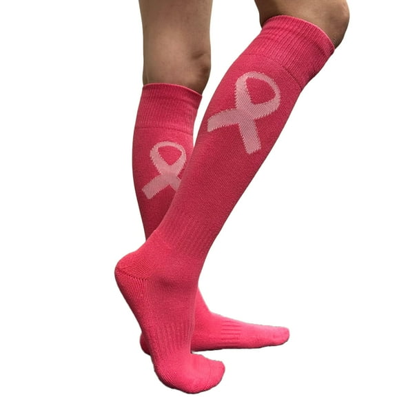 COUVER Toe, Sole & Heel Cushioned Adult/Youth Athletic Hockey, Softball, Volleyball, Lacrosse, Any Sports Knee High Socks, Bright Pink with Ribbon Icon, Large