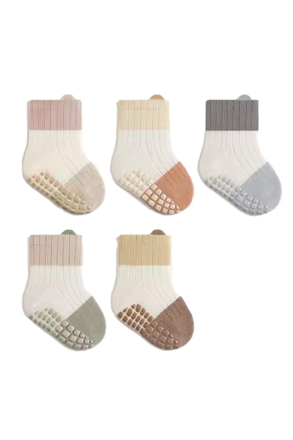 Unisex Baby Non Slip Grip Ankle Socks with Non Skid Soles for Infants Toddlers Kids Boys Girls, 2 Tone Plain, 1-3T, 5 Pairs