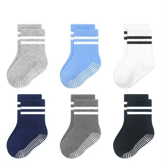 COUVER Unisex Baby Non Slip Grip Ankle Socks with Non Skid Soles for Infants Toddlers Kids Boys Girls, Boys Stripes, 1-3T, 6 Pairs