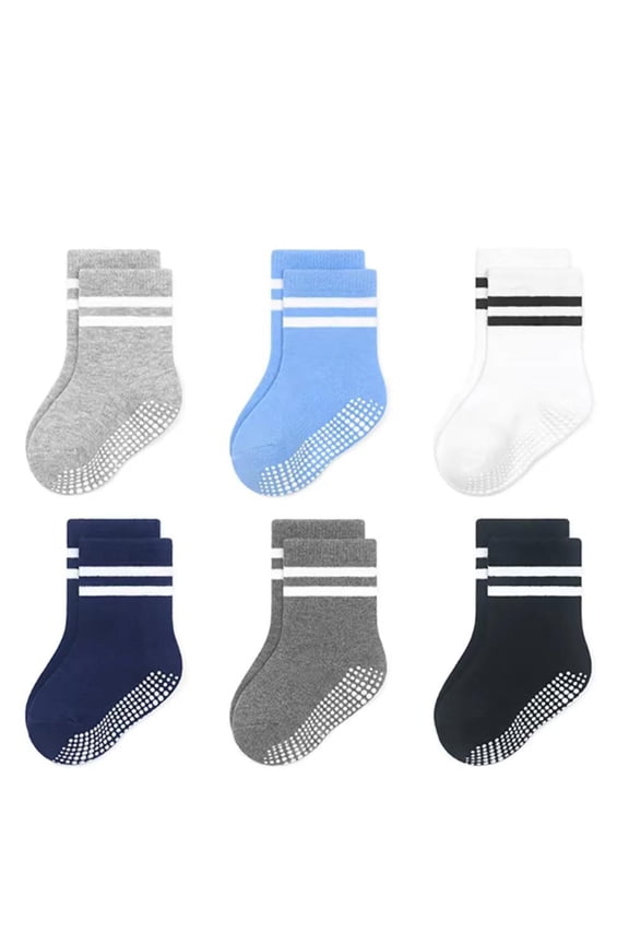 Unisex Baby Non Slip Grip Ankle Socks with Non Skid Soles for Infants Toddlers Kids Boys Girls, Boys Stripes, 1-3T, 6 Pairs
