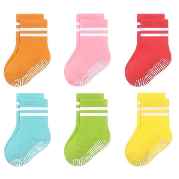 COUVER Unisex Baby Non Slip Grip Ankle Socks with Non Skid Soles for Infants Toddlers Kids Boys Girls, Girls Stripes, 0-1Y, 6 Pairs