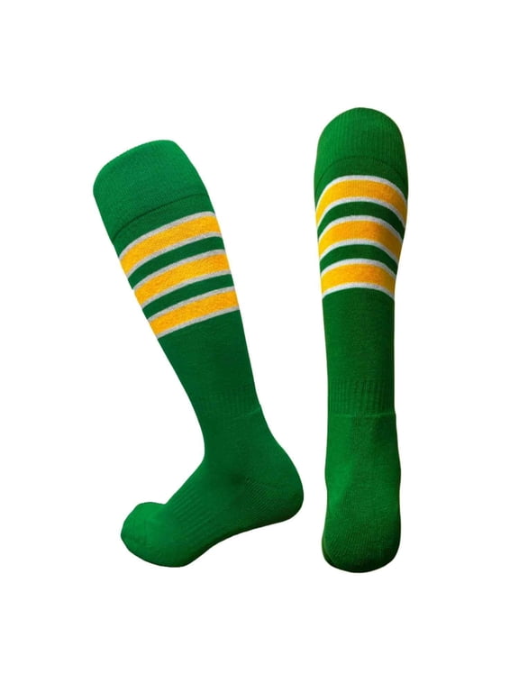 Unisex Cotton Bottom Cushion Striped Knee High Softball Sports Socks, Green/White/Yellow, Small, 1Pair