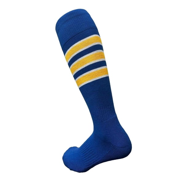 COUVER Unisex Cotton Bottom Cushion Striped Knee High Softball Sports Socks, Royal/White/Golden Yellow, Small, 1Pair
