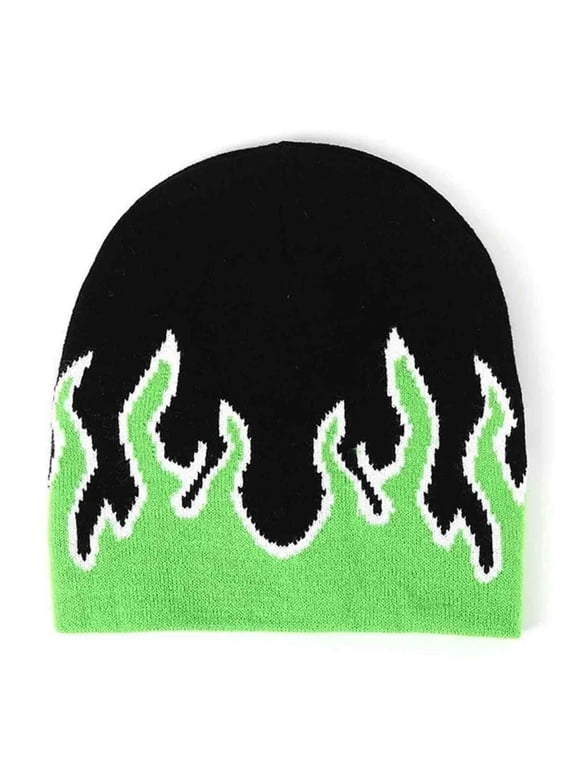 Unisex Flame Fire Design Cuffless Beanie Hat Ski Beanie Hat, Black / Gold & Neon Green Fire, One Size