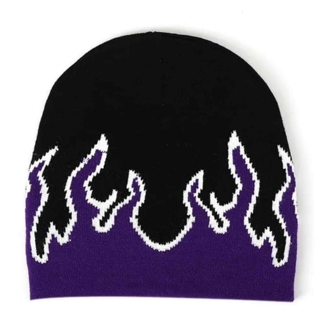 COUVER Unisex Flame Fire Design Cuffless Beanie Hat Ski Beanie Hat, Black / Gold & Purple Fire, One Size