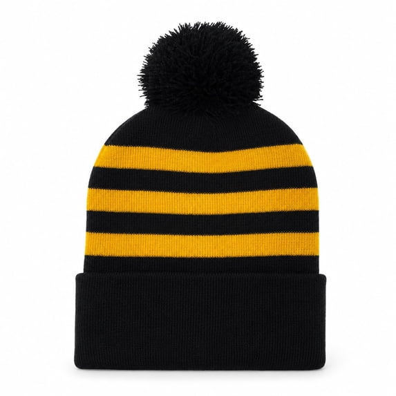 COUVER Unisex Striped Pom Pom Knit Beanie Hat Black and Golden Yellow One Size 1 Pack (1 Count)