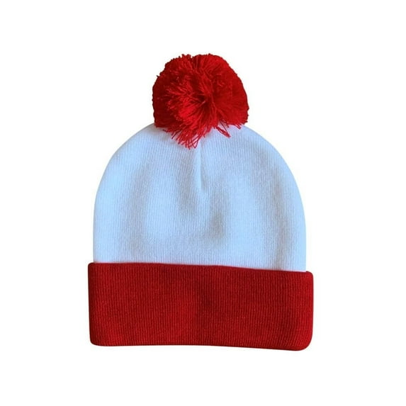 COUVER White Red Pom Pom Cuff Beanie Hat 12" for Costume or Winter, 1PC