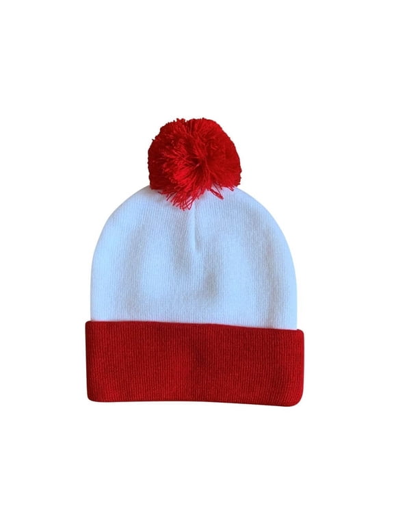 White Red Pom Pom Cuff Beanie Hat 12" for Costume or Winter, 1PC