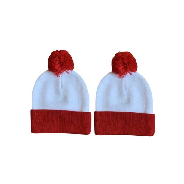 Vintage Winter Hat White Puff Ball Red Blue Stripes Handmade Red White Blue Beanie Hat - Pom Pom Hat With  main image 4