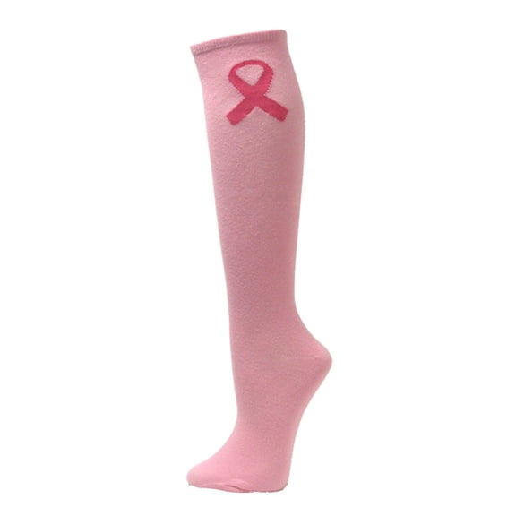 COUVER Light Pink Ribbon Knee High Socks for Breast Cancer Awareness Knee Tube Socks Womens Athletic Socks Cotton Knee High Socks, 5-9.5, 1 Pair