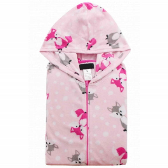 COUVER Women Hooded Hoodie Fleece Pajama Sleepwear Loungewear, Fox / Pink, L, One-Piece