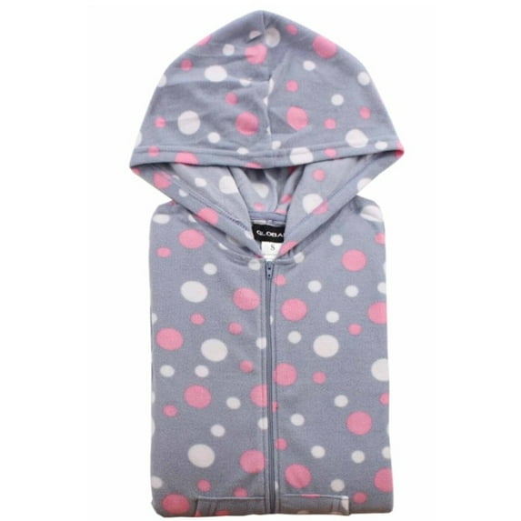 COUVER Women Hooded Hoodie Fleece Pajama Sleepwear Loungewear, Pink / White Dot, L, One-Piece