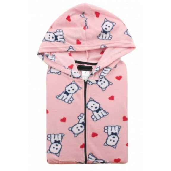 COUVER Women Hooded Hoodie Fleece Pajama Sleepwear Loungewear, Puppy / Pink, S, One-Piece
