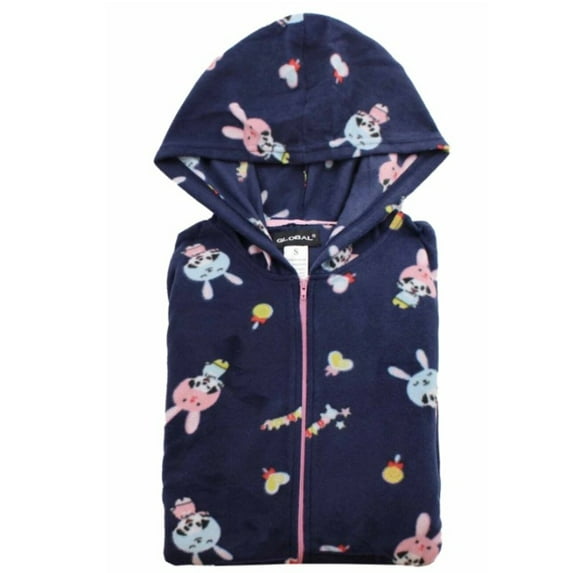 COUVER Women Hooded Hoodie Fleece Pajama Sleepwear Loungewear, Rabbit / Navy, S, One-Piece