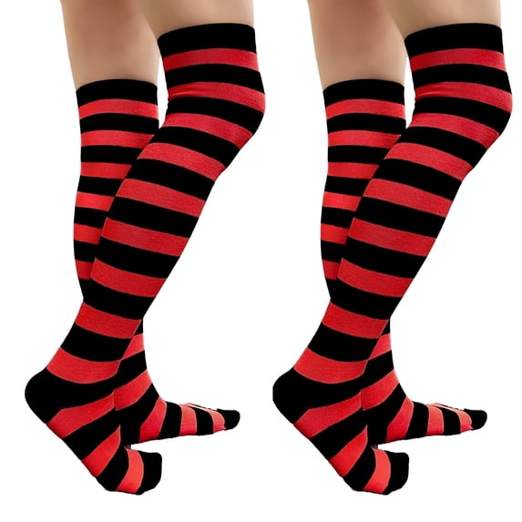 COUVER Women Striped Over Knee Stockings, Black Red, 2 Pairs