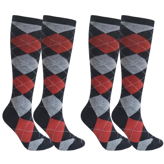 COUVER Women's Argyle Knee High Socks 2 Pairs Pack Black Charcoal Red Size 9-11 (4 Count)