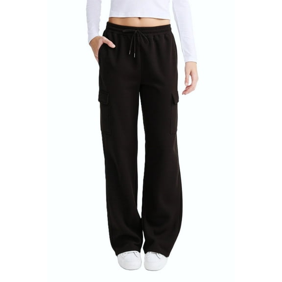COUVER Women’s Cotton Blend Fleece Cargo Jogger Pants with Pockets, Black, Small, 1 Pair