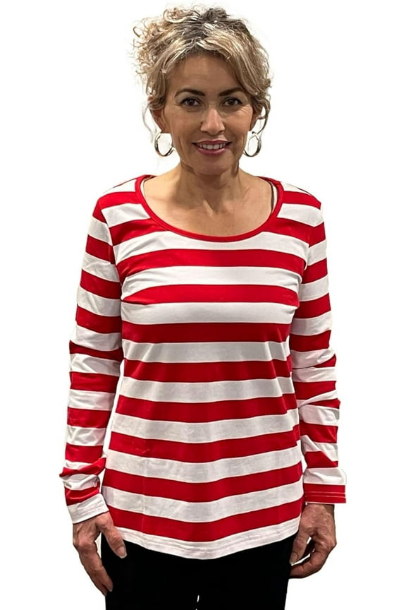 Women's Cotton Crew Neck Red White Stripe Long Sleeve Shirt, 1PC, M