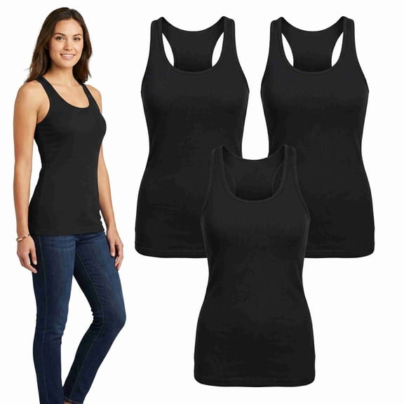 COUVER Women's Cotton Ribbed Knit Racerback Tank Top Black Large 3-Pack