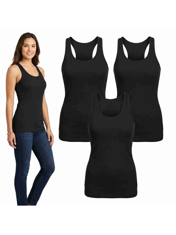 Women's Cotton Ribbed Knit Racerback Tank Top Black Medium 3-Pack