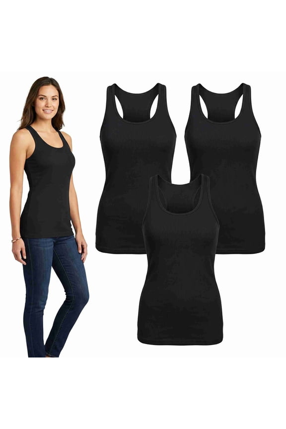 Women's Cotton Ribbed Knit Racerback Tank Top Black X-Large 3-Pack
