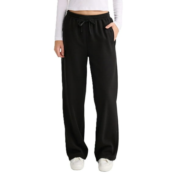 COUVER Women’s Cozy Fleece Wide-Leg Sweatpants with Drawstring and Pockets, Black, Large, 1 Pair