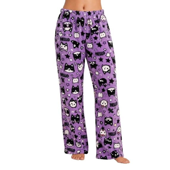 COUVER Women's Plush Fleece Pajama Pants Kitty Purple Size Medium