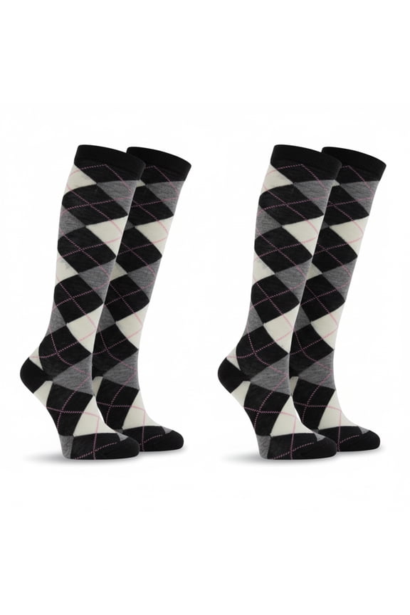 Women’s Stylish Argyle Knee High Socks, 2 Pairs, Black Gray Cream