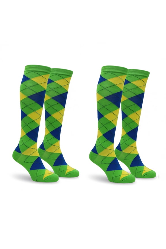 Women’s Stylish Argyle Knee High Socks, 2 Pairs, Lime Green Bright Blue Yellow